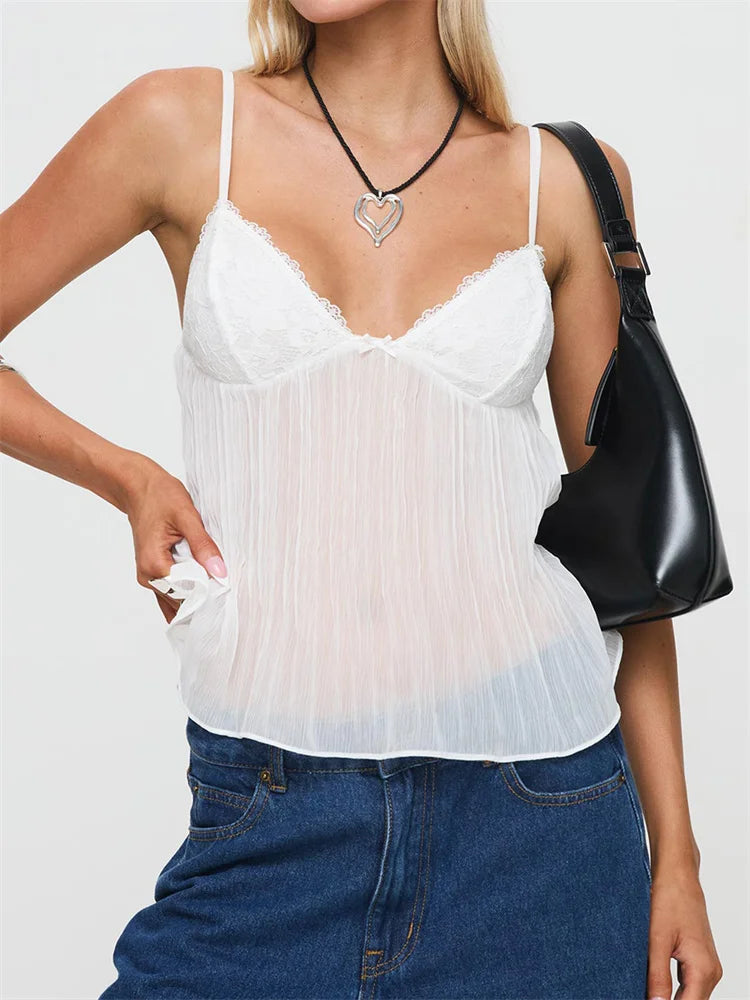 Variant image for Elegant Women's Tank Top - Pleated Lace Camisole with Bowknot & Spaghetti Straps-1