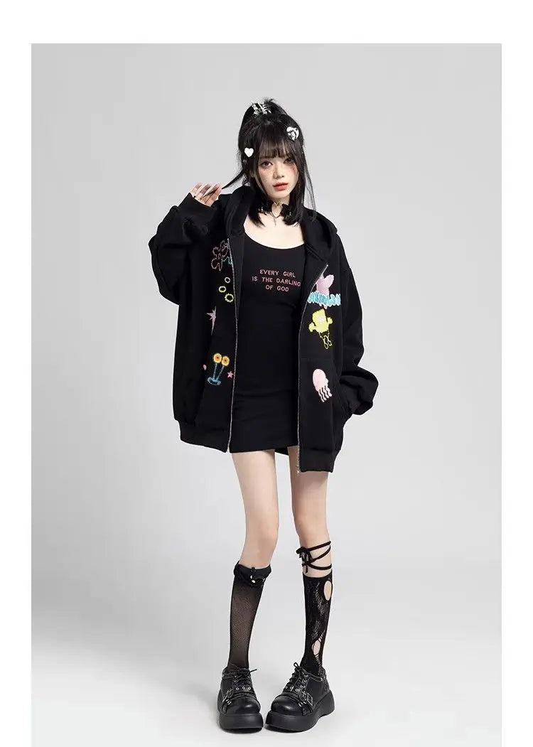 Y2k Zipper Hoodie Women Oversized Anime Pattern