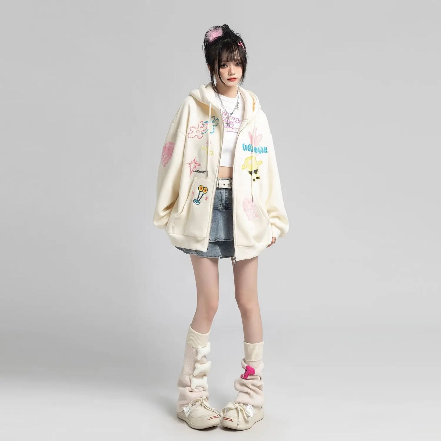 Y2k Zipper Hoodie Women Oversized Anime Pattern