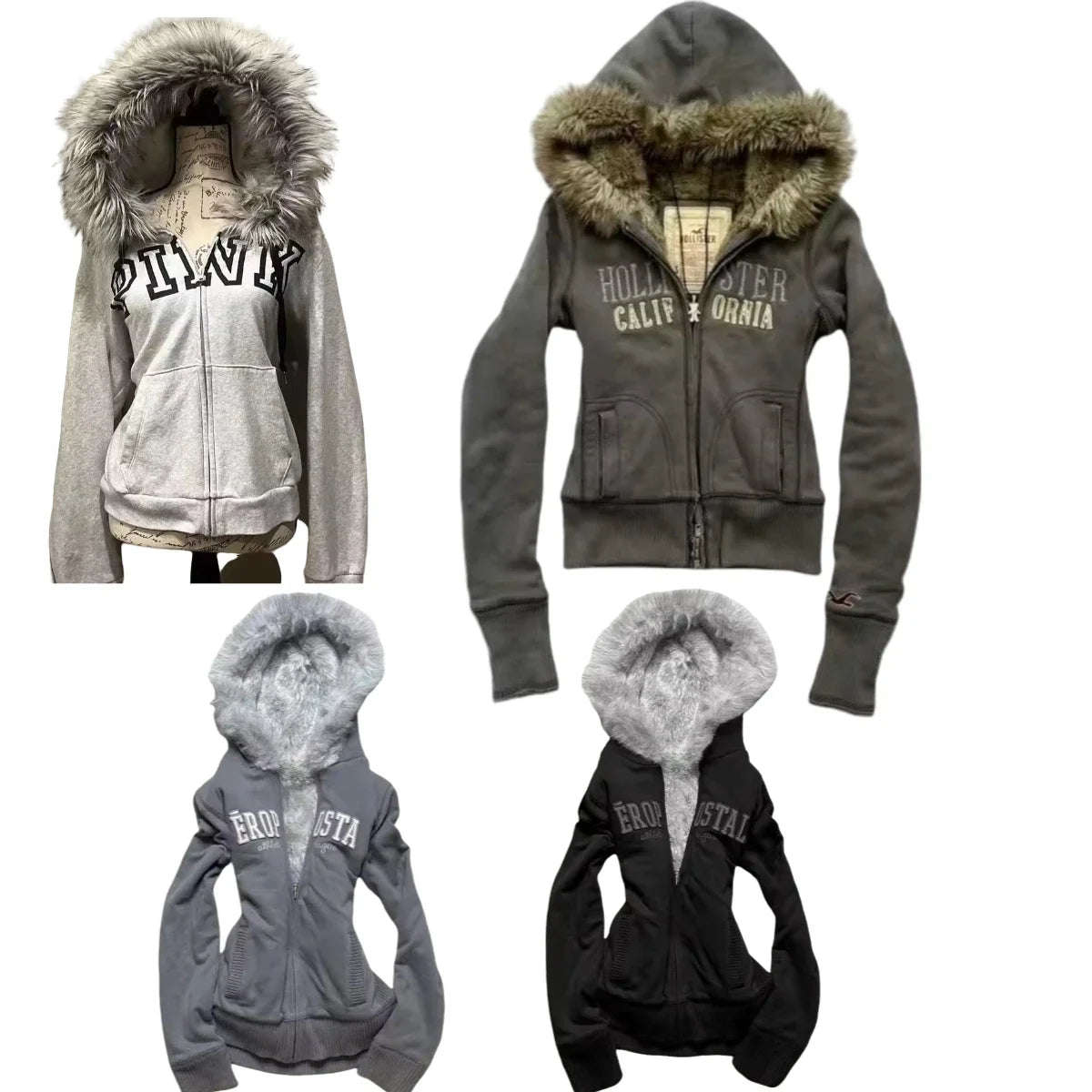 Retro Gothic Y2K Black Fur Collar Zipper Sweatshirt