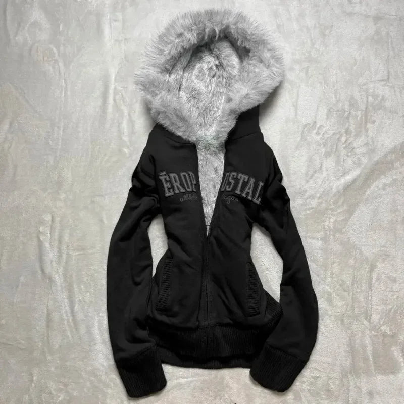 Retro Gothic Y2K Black Fur Collar Zipper Sweatshirt