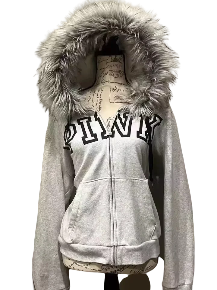 Retro Gothic Y2K Black Fur Collar Zipper Sweatshirt