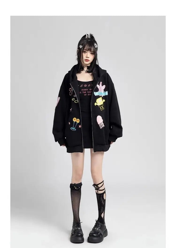 Y2k Zipper Hoodie Women Oversized Anime Pattern