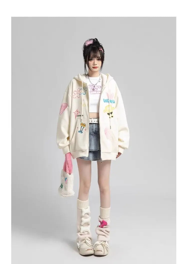 Y2k Zipper Hoodie Women Oversized Anime Pattern