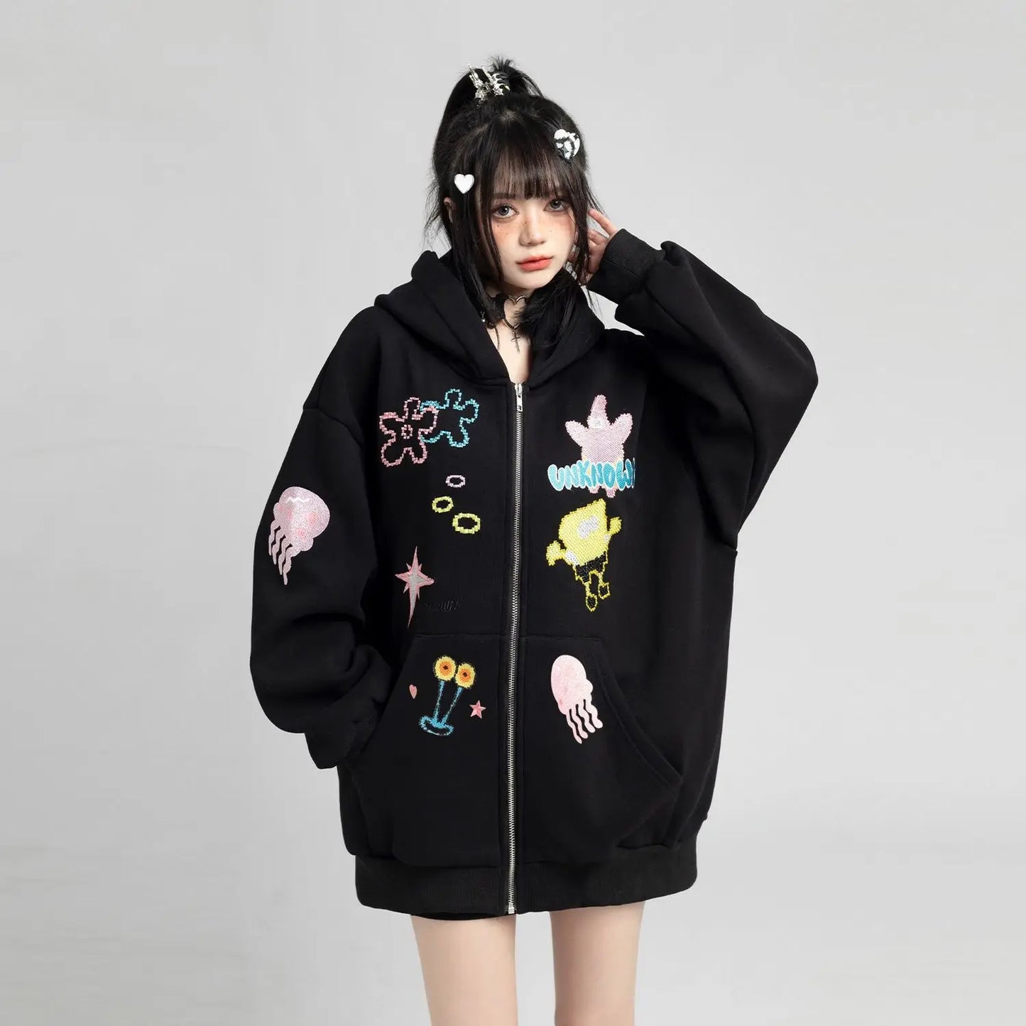 Y2k Zipper Hoodie Women Oversized Anime Pattern