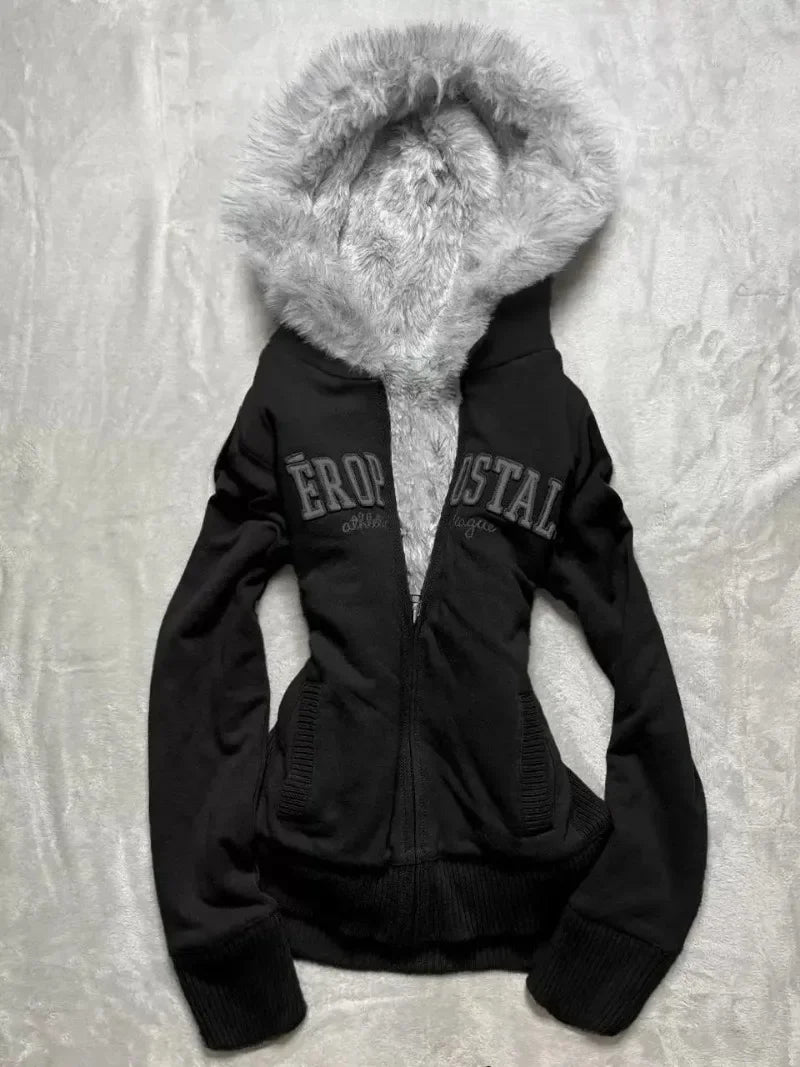 Retro Gothic Y2K Black Fur Collar Zipper Sweatshirt