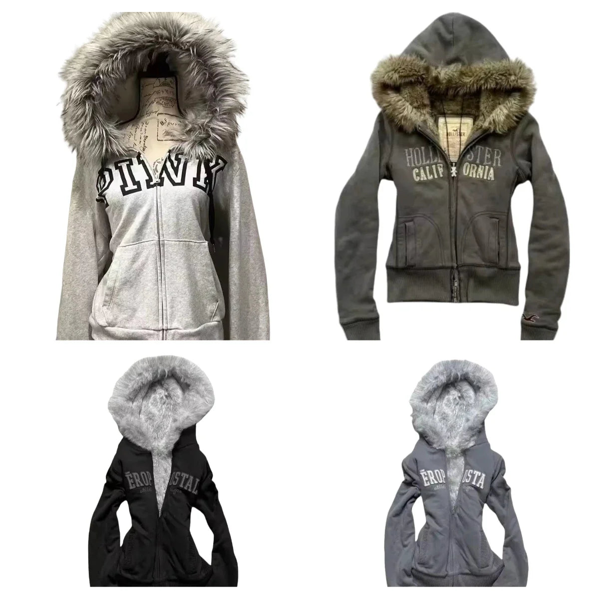 Retro Gothic Y2K Black Fur Collar Zipper Sweatshirt