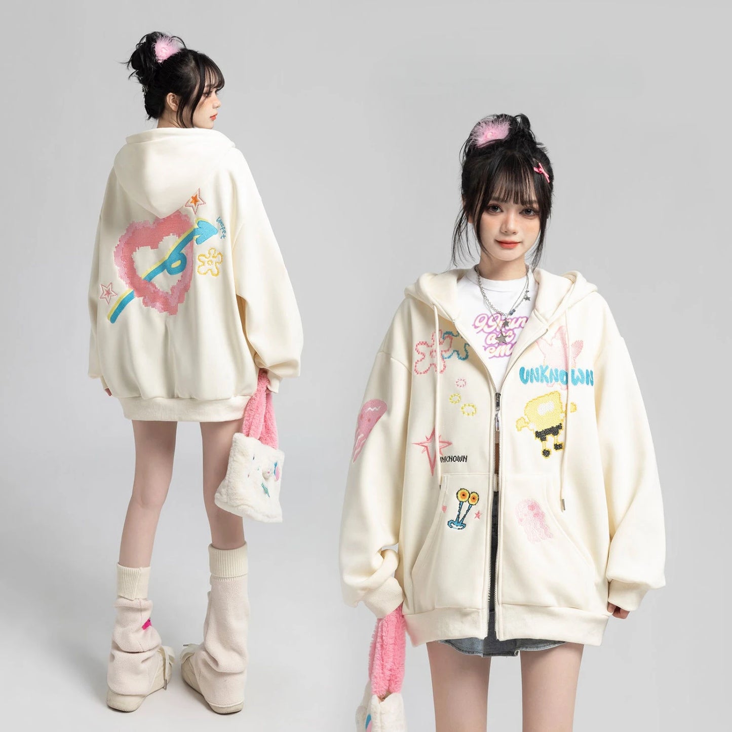 Y2k Zipper Hoodie Women Oversized Anime Pattern