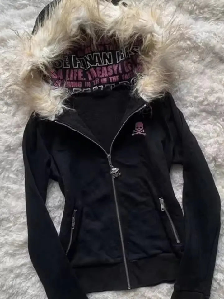 Retro Gothic Y2K Black Fur Collar Zipper Sweatshirt