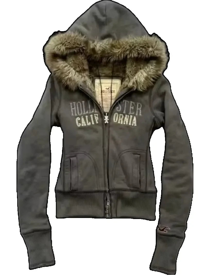 Retro Gothic Y2K Black Fur Collar Zipper Sweatshirt
