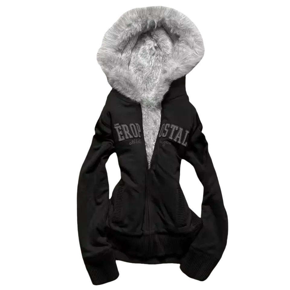 Retro Gothic Y2K Black Fur Collar Zipper Sweatshirt