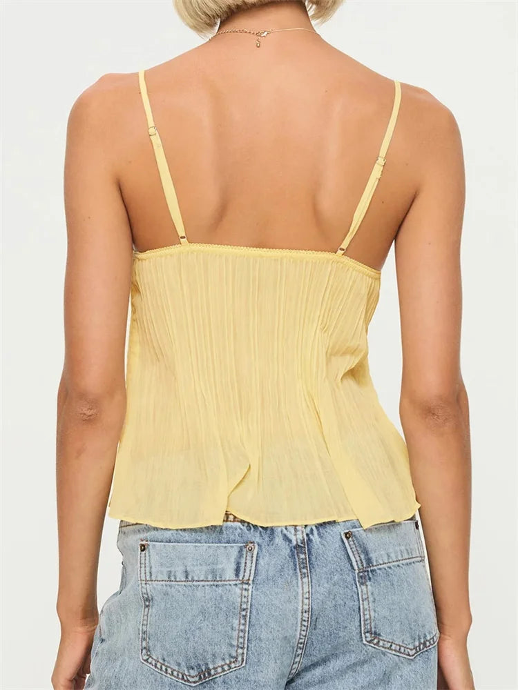 Elegant Women's Tank Top - Pleated Lace Camisole with Bowknot & Spaghetti Straps