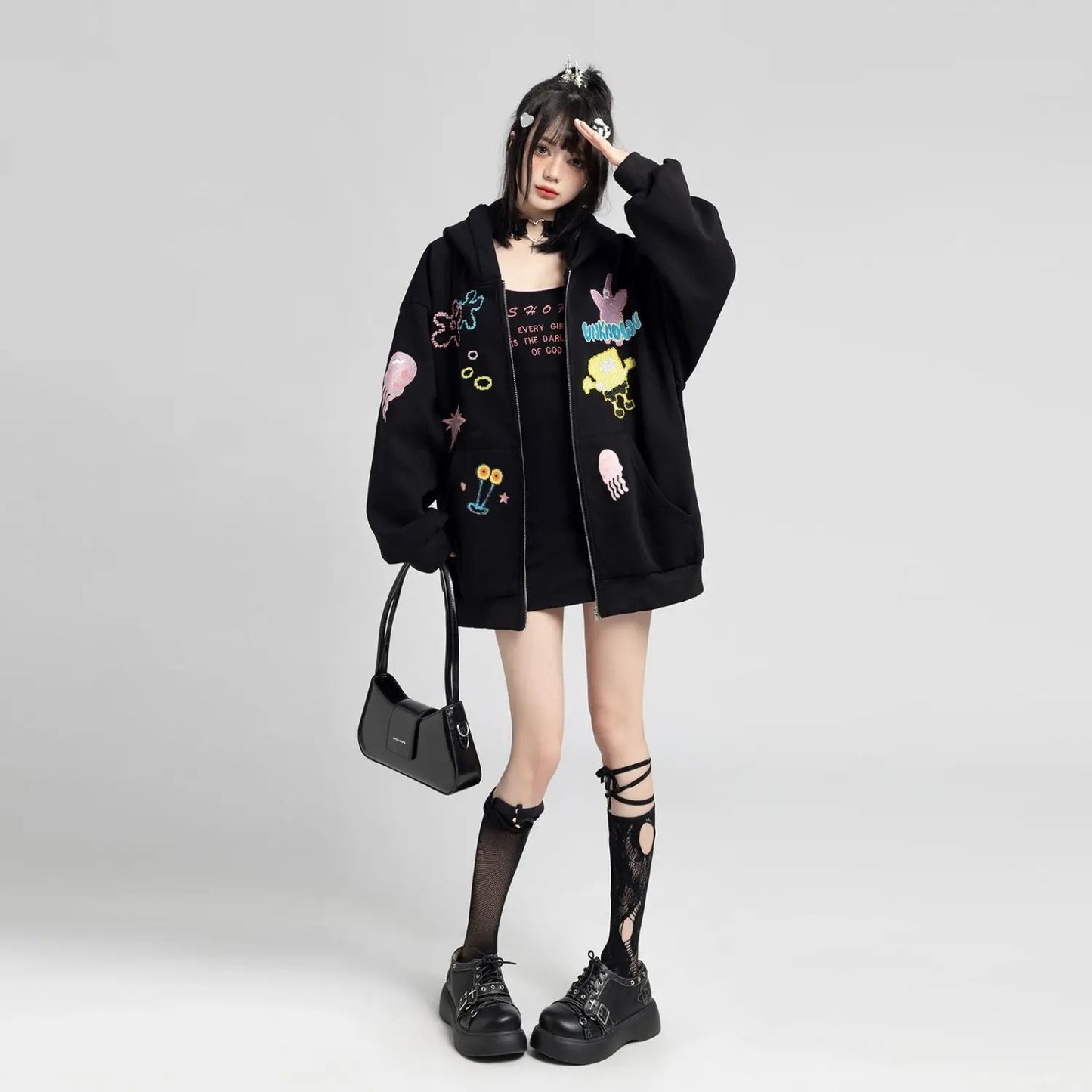 Y2k Zipper Hoodie Women Oversized Anime Pattern