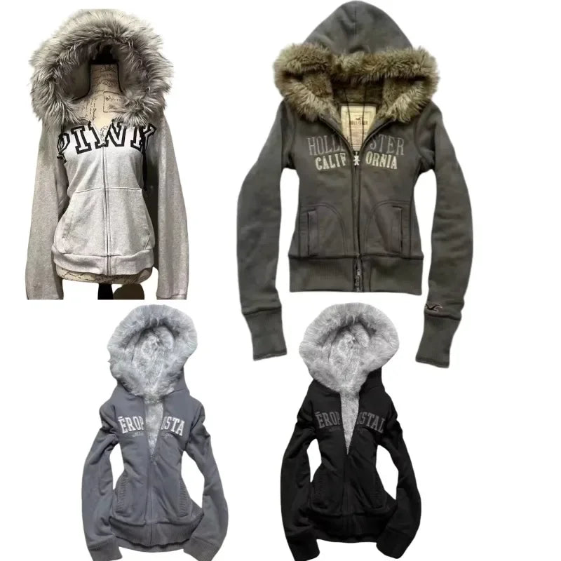 Retro Gothic Y2K Black Fur Collar Zipper Sweatshirt