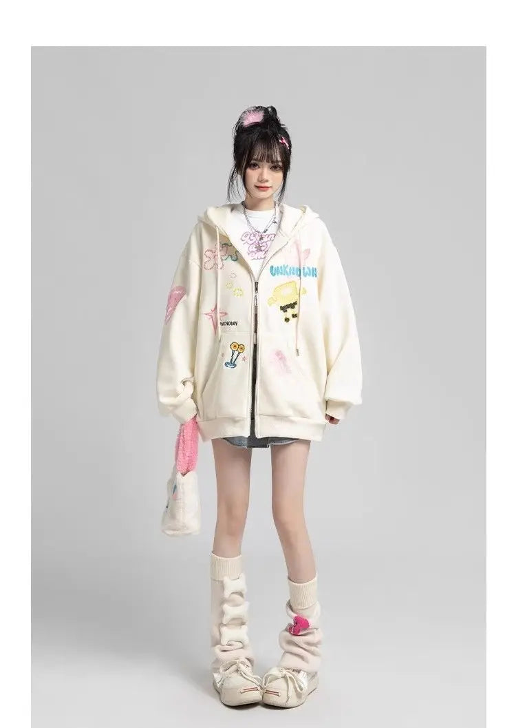 Y2k Zipper Hoodie Women Oversized Anime Pattern
