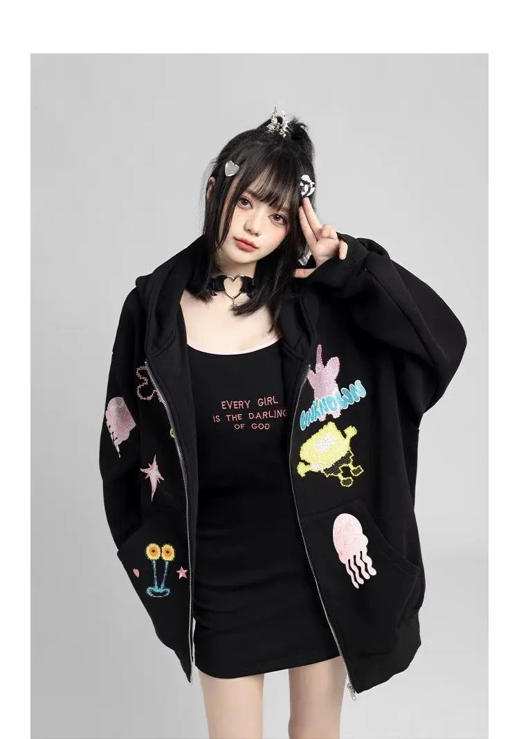Y2k Zipper Hoodie Women Oversized Anime Pattern