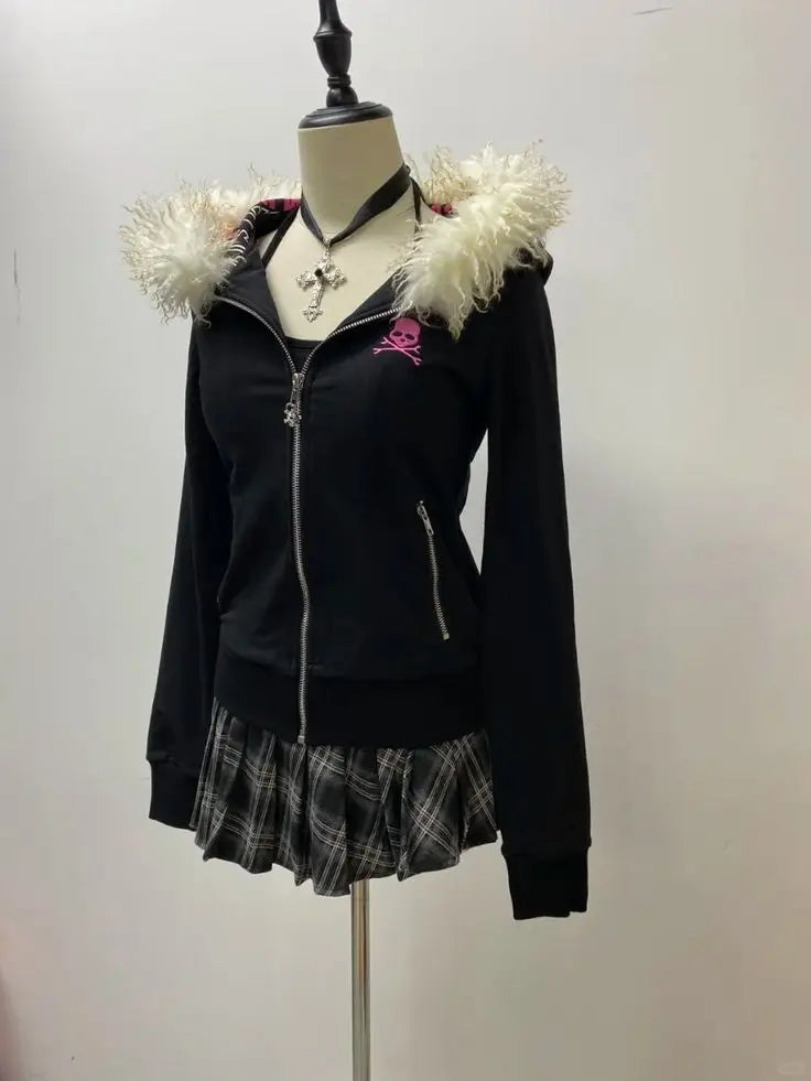 Retro Gothic Y2K Black Fur Collar Zipper Sweatshirt