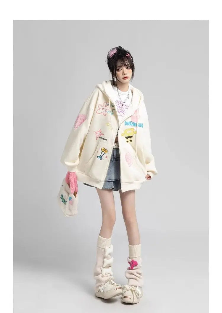 Y2k Zipper Hoodie Women Oversized Anime Pattern