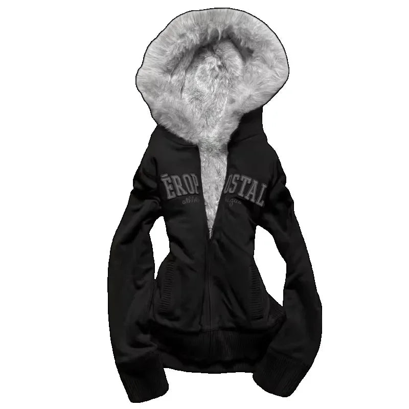 Retro Gothic Y2K Black Fur Collar Zipper Sweatshirt