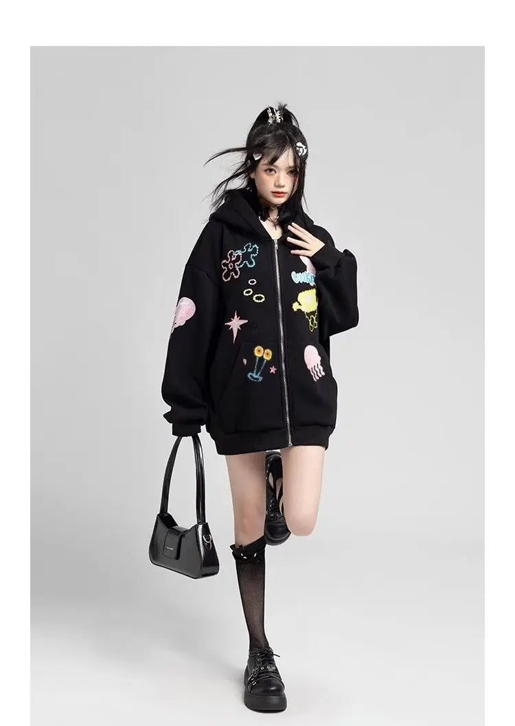 Y2k Zipper Hoodie Women Oversized Anime Pattern