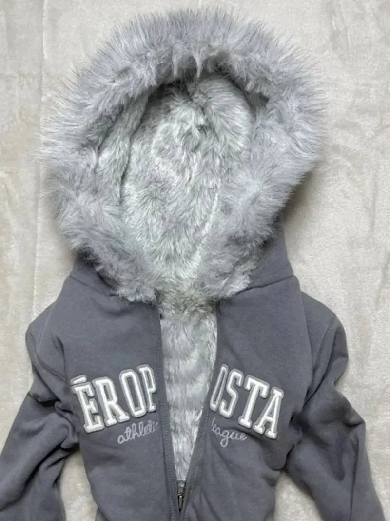Retro Gothic Y2K Black Fur Collar Zipper Sweatshirt