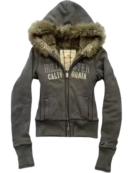 Retro Gothic Y2K Black Fur Collar Zipper Sweatshirt