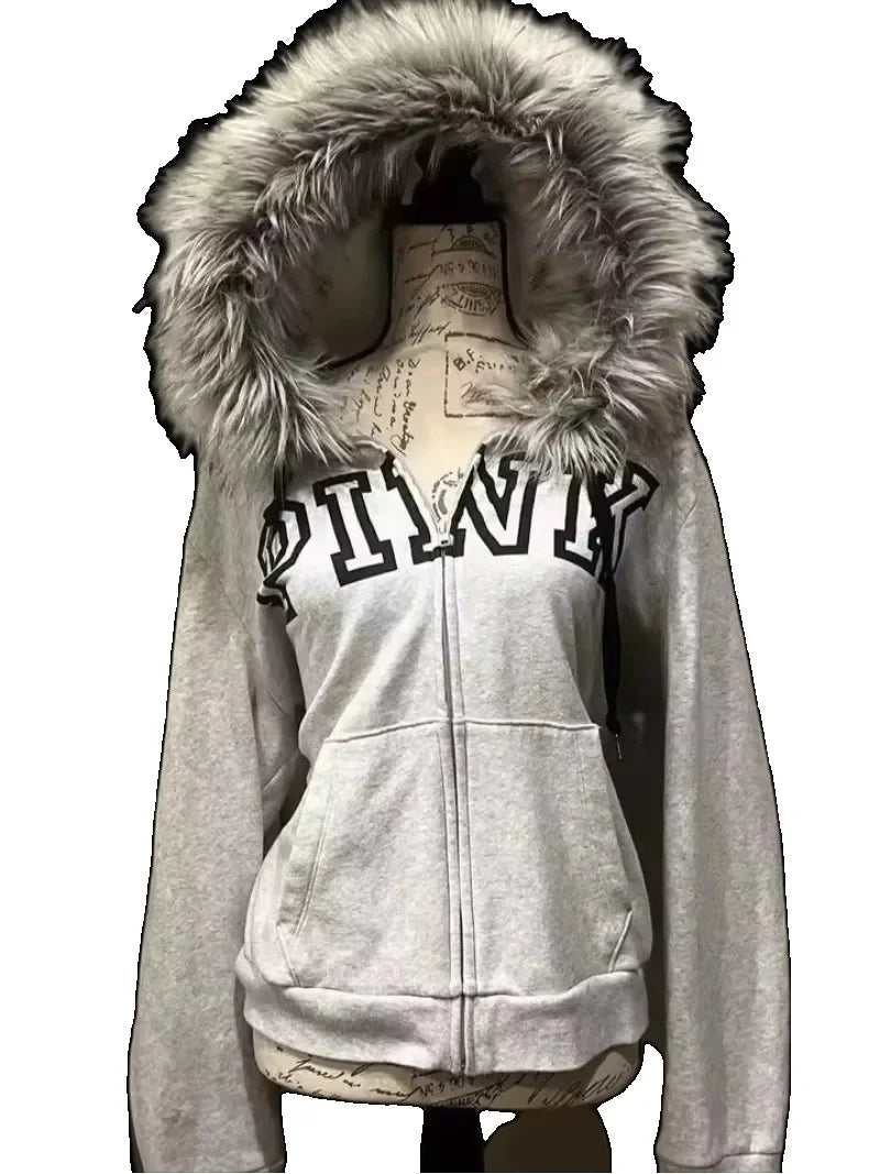 Retro Gothic Y2K Black Fur Collar Zipper Sweatshirt