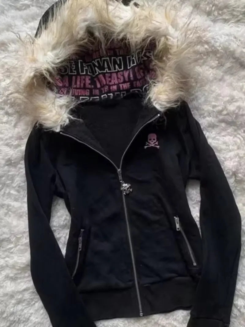 Retro Gothic Y2K Black Fur Collar Zipper Sweatshirt