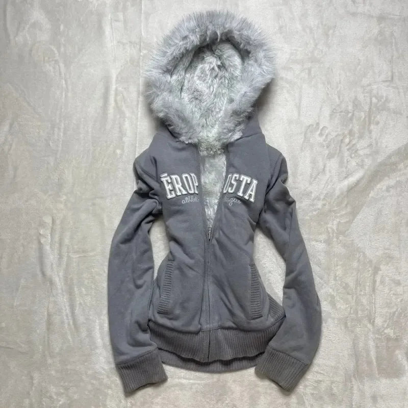 Retro Gothic Y2K Black Fur Collar Zipper Sweatshirt