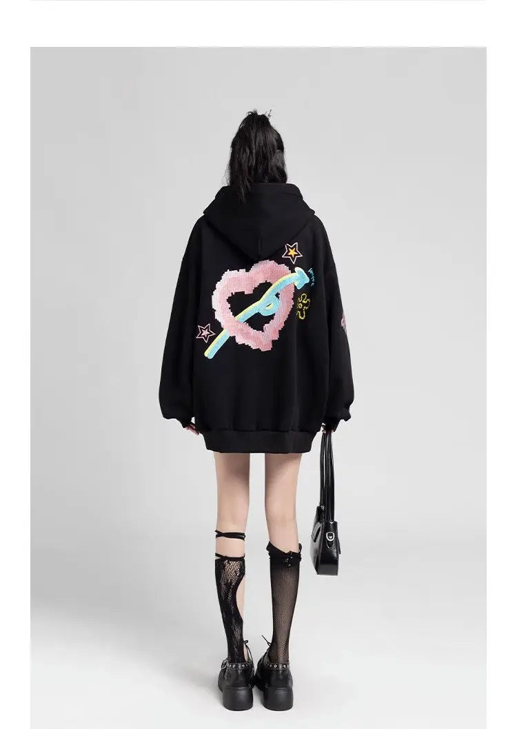 Y2k Zipper Hoodie Women Oversized Anime Pattern