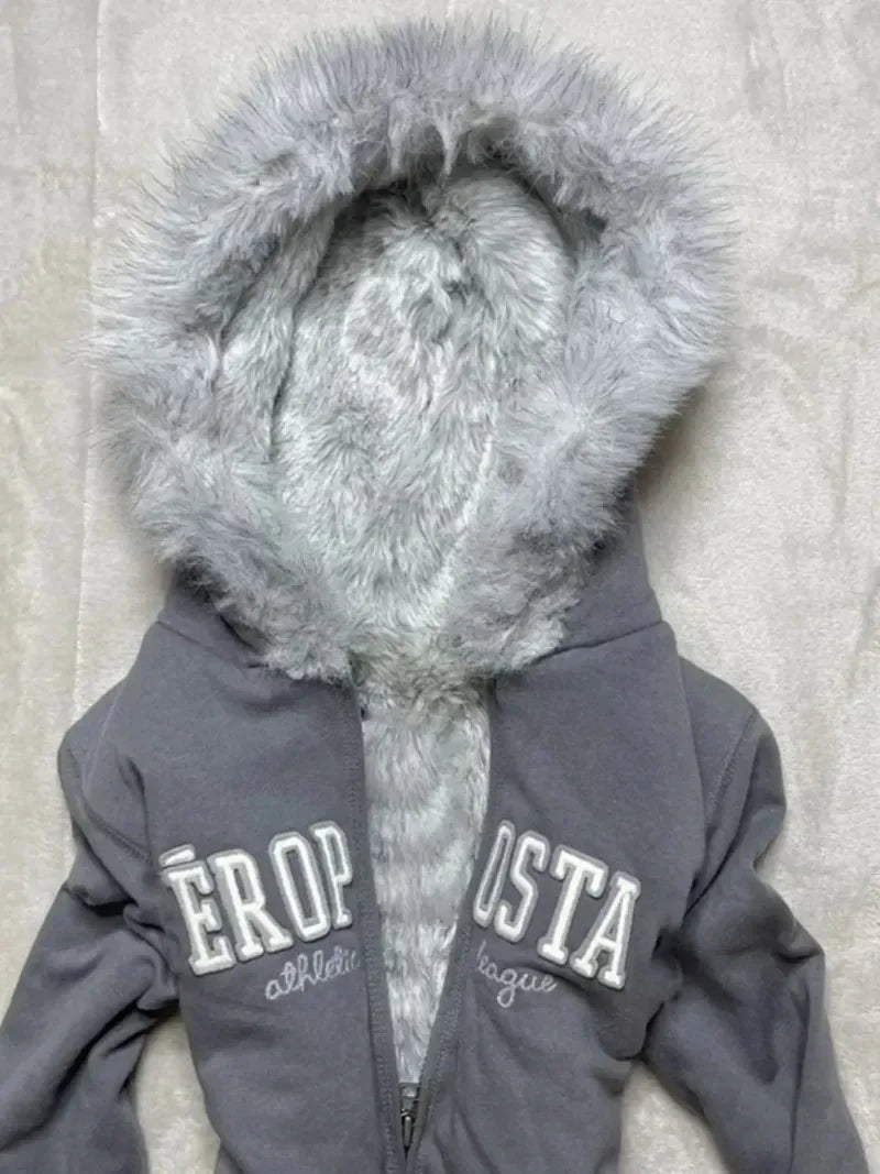 Retro Gothic Y2K Black Fur Collar Zipper Sweatshirt