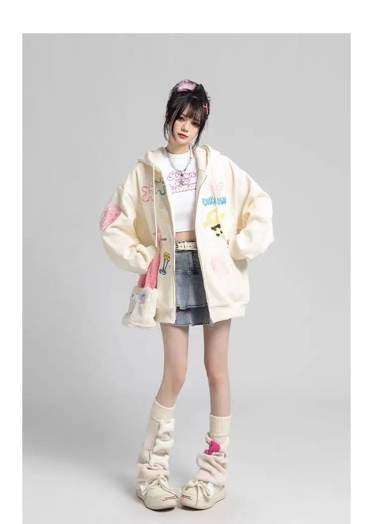 Y2k Zipper Hoodie Women Oversized Anime Pattern