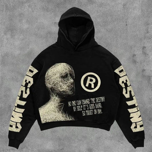 Vintage Destiny Mummy Graphic Print Side Pockets Hoodie Men Y2K