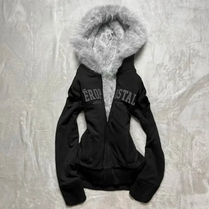 Retro Gothic Y2K Black Fur Collar Zipper Sweatshirt