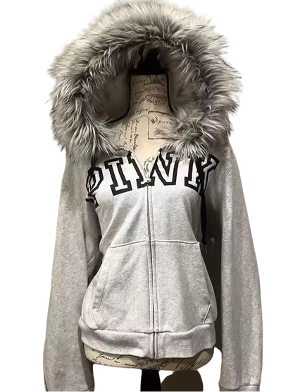 Retro Gothic Y2K Black Fur Collar Zipper Sweatshirt