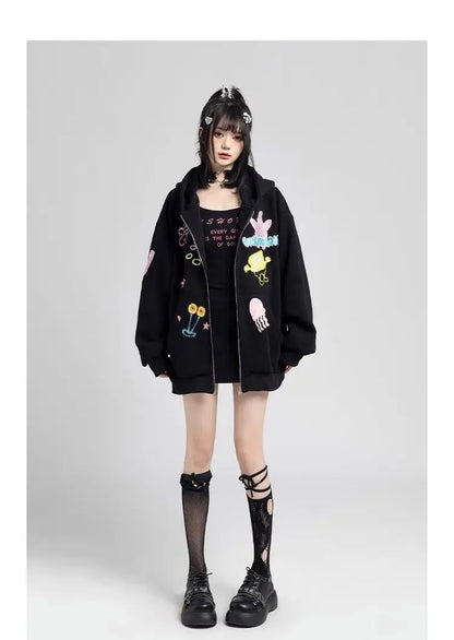 Y2k Zipper Hoodie Women Oversized Anime Pattern