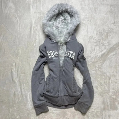 Retro Gothic Y2K Black Fur Collar Zipper Sweatshirt