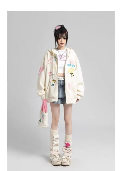 Y2k Zipper Hoodie Women Oversized Anime Pattern