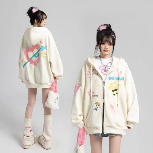 Y2k Zipper Hoodie Women Oversized Anime Pattern