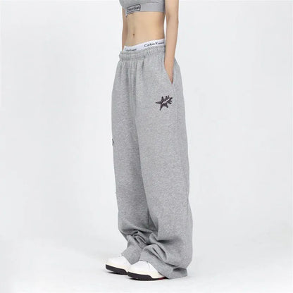 UrbanVibe - Women's Wide Leg Sweatpants with Elastic Waist & Embroidery