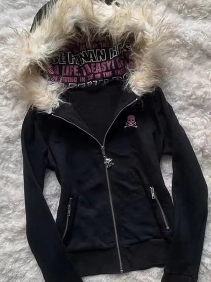 Retro Gothic Y2K Black Fur Collar Zipper Sweatshirt