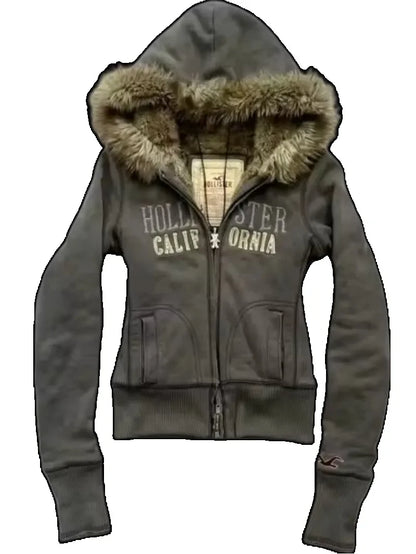 Retro Gothic Y2K Black Fur Collar Zipper Sweatshirt
