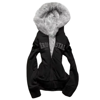 Retro Gothic Y2K Black Fur Collar Zipper Sweatshirt
