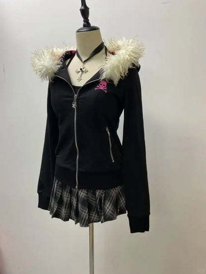 Retro Gothic Y2K Black Fur Collar Zipper Sweatshirt
