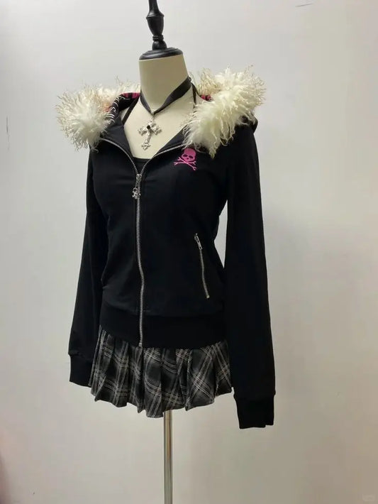 Retro Gothic Y2K Black Fur Collar Zipper Sweatshirt