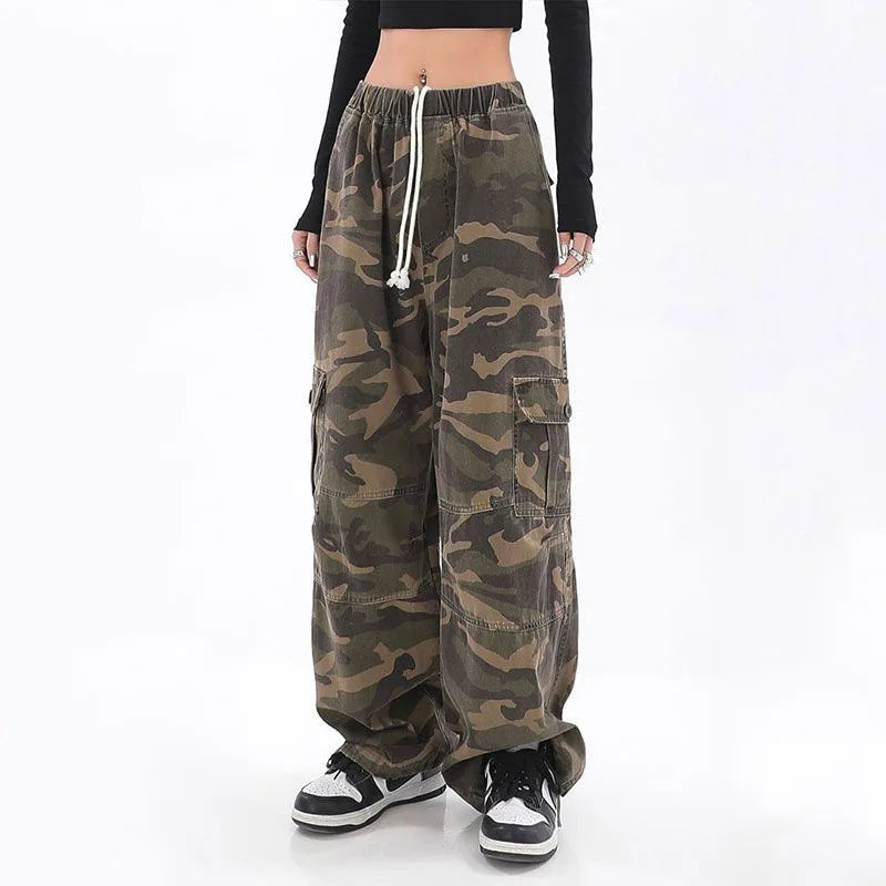 Urban Chic - Oversized Camo Cargo Pants for Women with Drawstring Waist