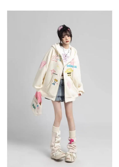 Y2k Zipper Hoodie Women Oversized Anime Pattern