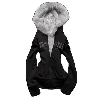 Retro Gothic Y2K Black Fur Collar Zipper Sweatshirt