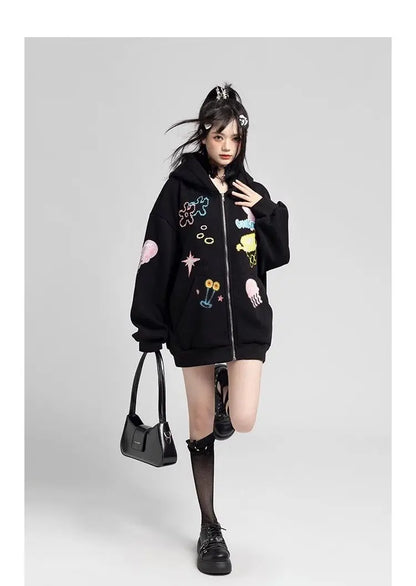 Y2k Zipper Hoodie Women Oversized Anime Pattern