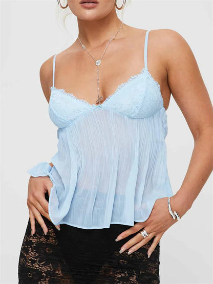 Elegant Women's Tank Top - Pleated Lace Camisole with Bowknot & Spaghetti Straps